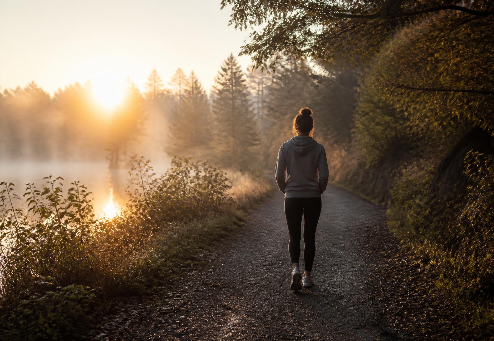 A person walking a quiet nature trail at sunrise.